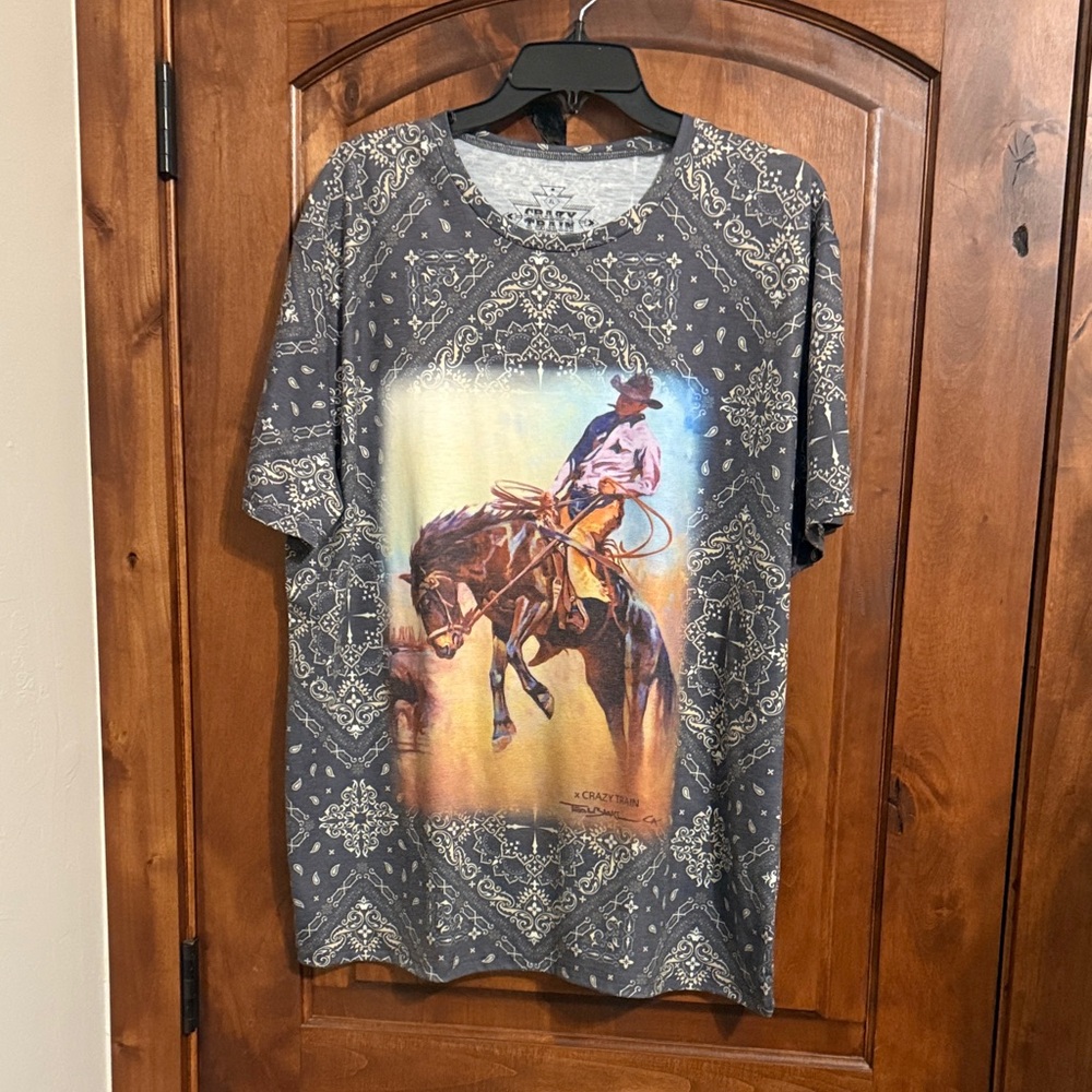 Crazy Train Cowboy Graphic Tee in Gray
